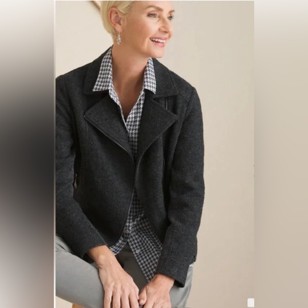 CHICOS Gray Boiled Wool Blend Knit Zip Front Moto Biker Jacket Coat Size Medium - Picture 2 of 15